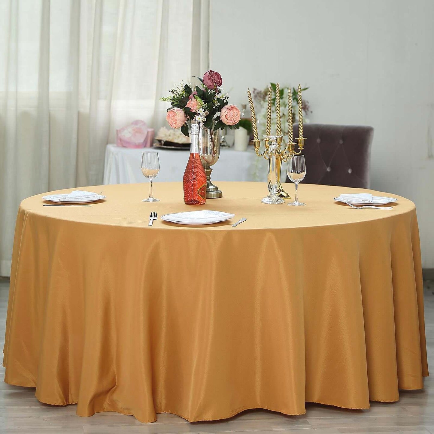 Polyester 132" Round Tablecloth Gold - Seamless Chic Design for Grand Celebrations