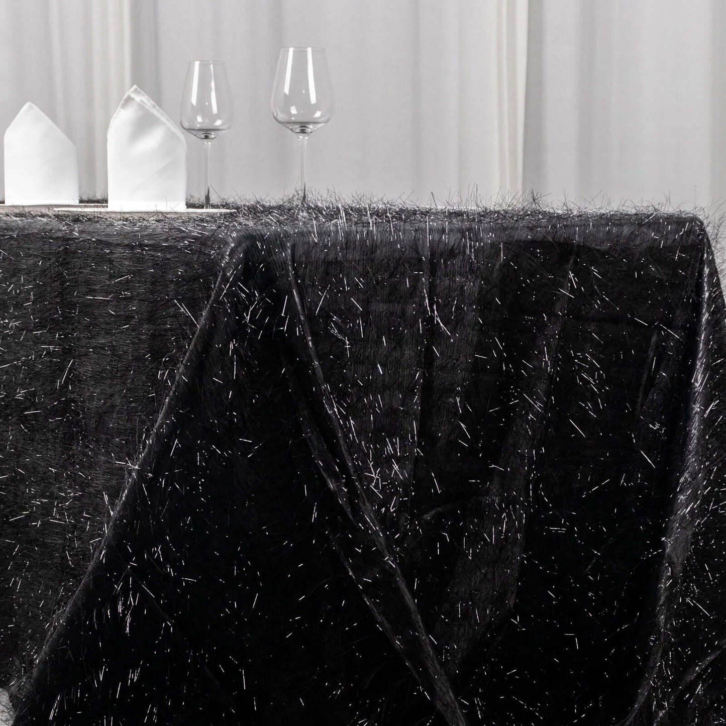 Polyester 90"x156" Rectangle Tablecloth Black Metallic Fringe Shag Tinsel Table Cover