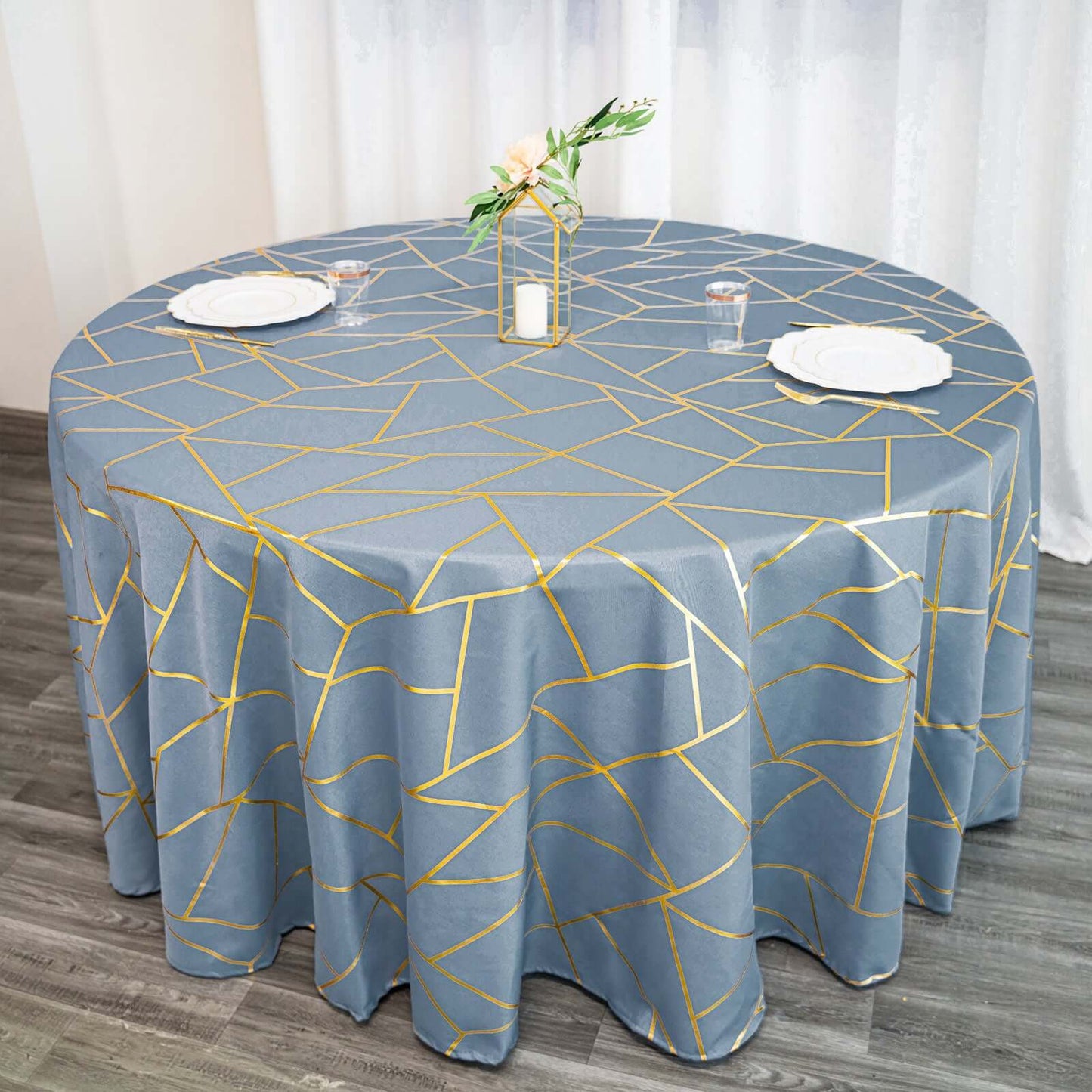 Polyester 120" Round Tablecloth Dusty Blue with Gold Foil Geometric Pattern Wrinkle-Resistant Seamless Table Cover