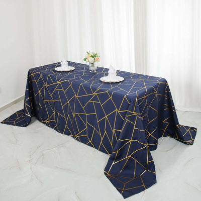 Polyester 90"x132" Rectangle Tablecloth Navy Blue with Gold Foil Geometric Pattern - Wrinkle-Resistant Seamless Table Cover