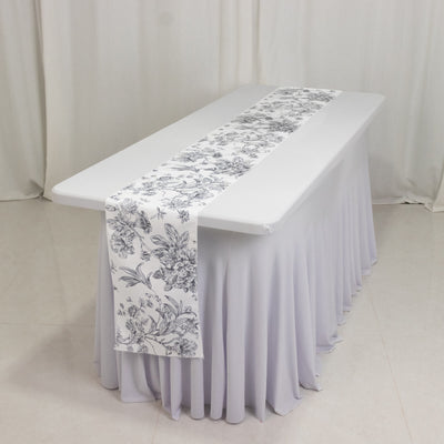 Polyester Table Runner 12’’x108’’ White with Black French Toile Floral Print Reusable Table DÃ©cor - Runners