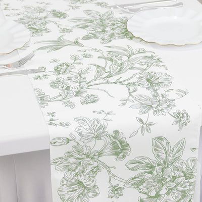 Polyester Table Runner 12’’x108’’ White with Dusty Sage Green French Toile Floral Print Reusable Table DÃ©cor - Runners