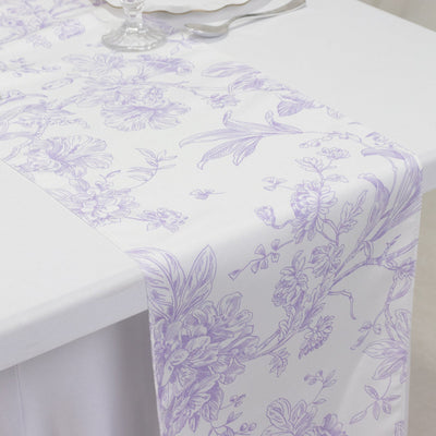 Polyester Table Runner 12’’x108’’ White with Lavender Lilac French Toile Floral Print - Stylish Reusable Table DÃ©cor