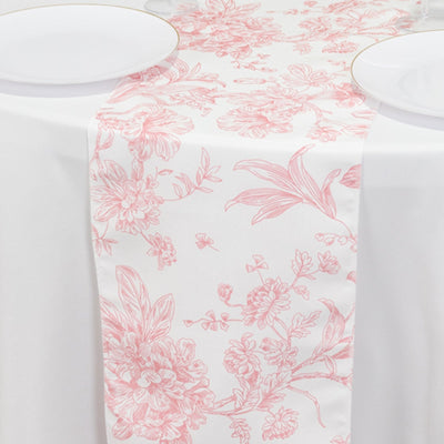 Polyester Table Runner 12’’x108’’ White with Pink French Toile Floral Print Reusable Table DÃ©cor - Runners