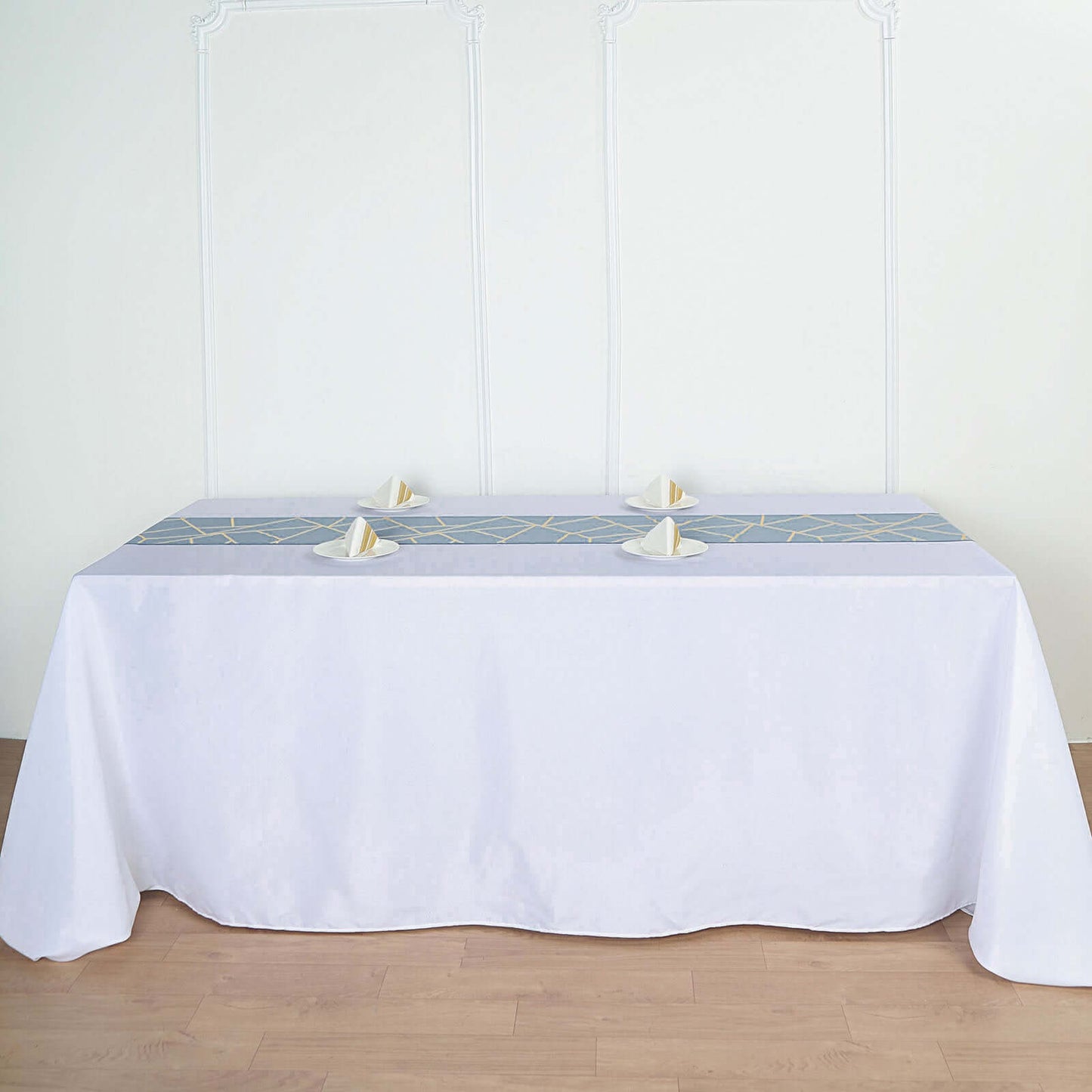 Polyester 9ft Table Runner Dusty Blue with Gold Foil Modern Geometric Accent