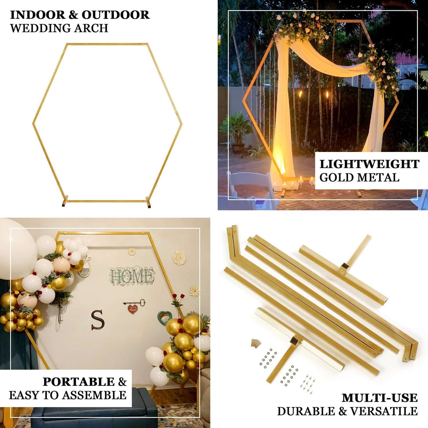 8ft Heavy Duty Gold Metal Hexagonal Wedding Arbor Photo Backdrop Stand