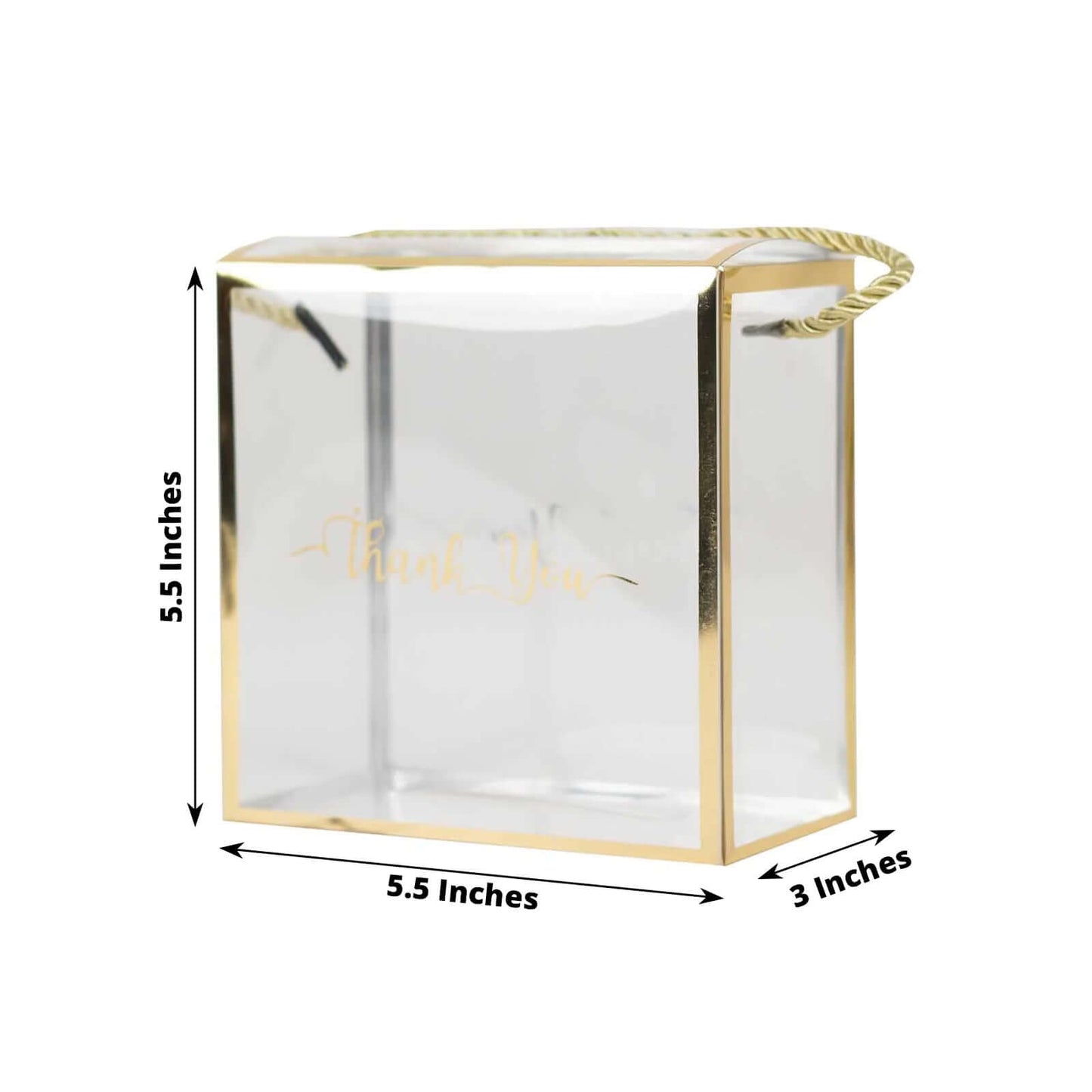 25 Pack Gold Trimmed Clear PVC Gift Boxes with Rope Handles and Thank You Print, Transparent Portable Candy Favor Boxes - 5.5"x5.5"