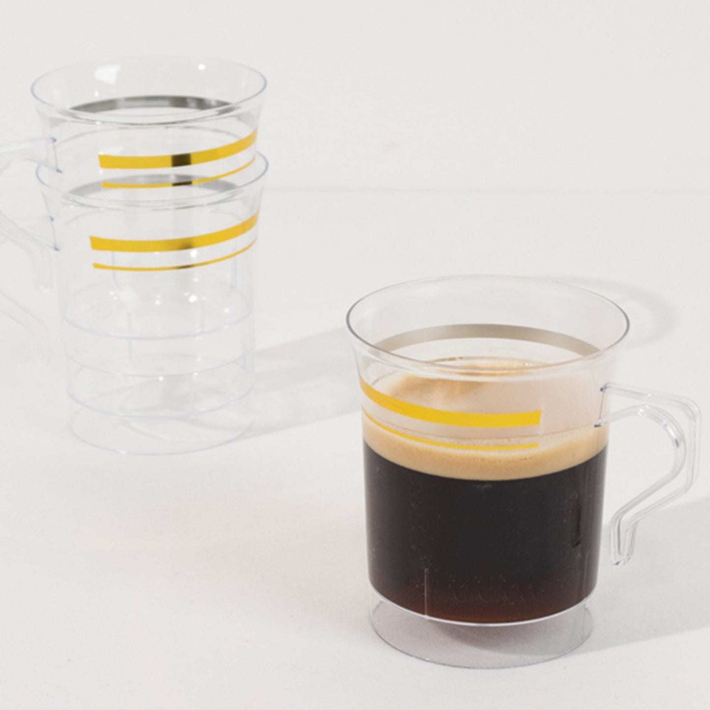 8-Pack Plastic Coffee Mugs Clear with Gold Stripes - Sturdy Disposable Cups for Coffee and Tea 8oz 3.5"