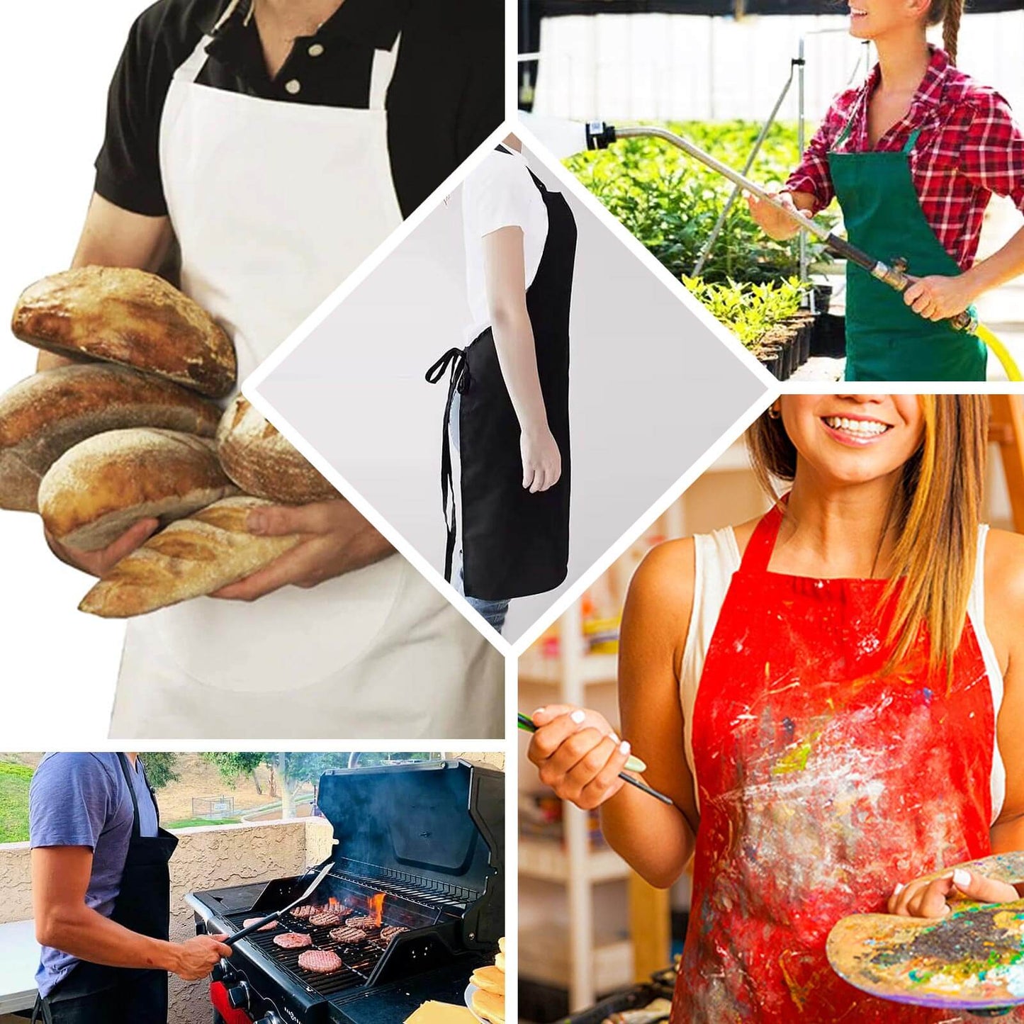 Black Premium Polyester Cooking Chef Apron with Adjustable Neck and Long Ties, Waterdrop Resistant 2 Pockets Unisex Kitchen Bib Apron