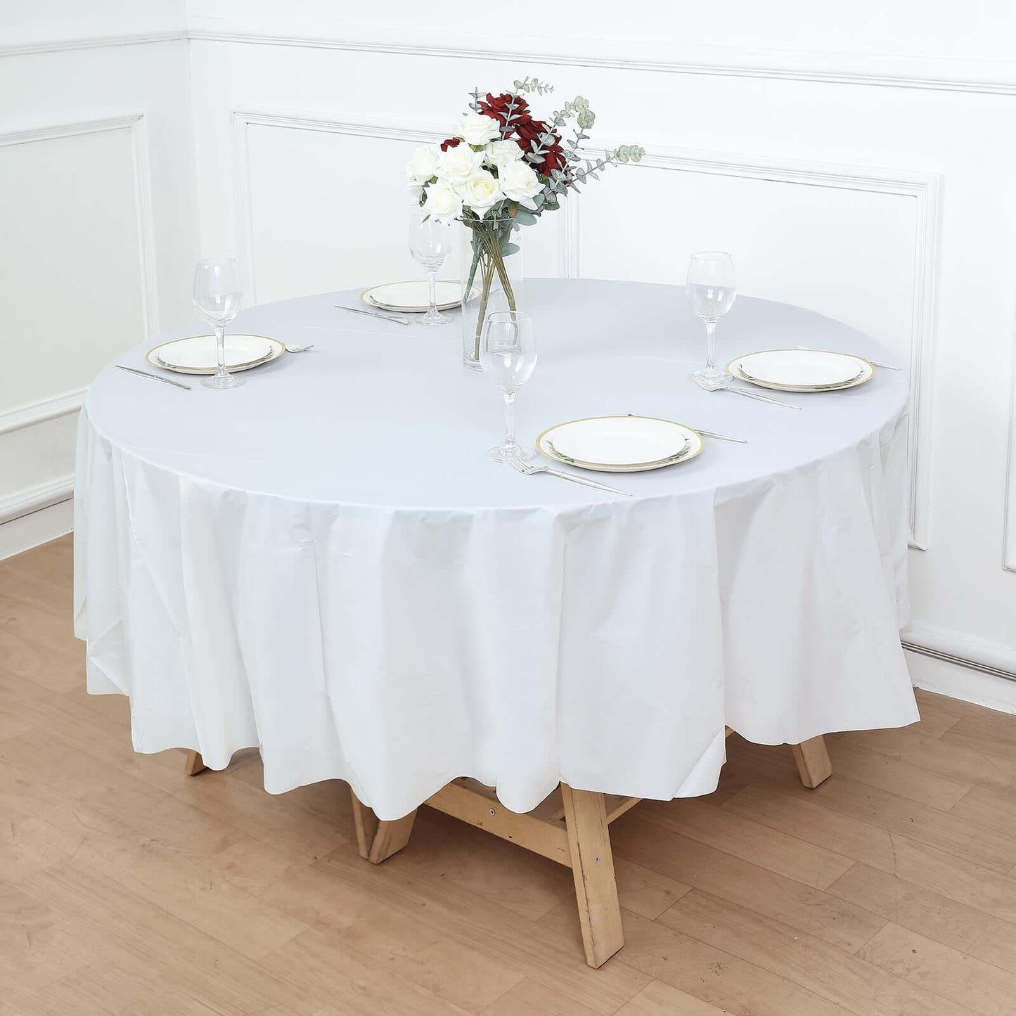 5-Pack Plastic Table Covers White Round - Durable PVC Disposable Tablecloths for Events 84"