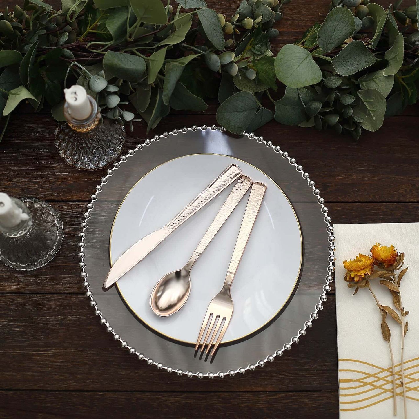 24-Pack Plastic Silverware Set with Hammered Design Rose Gold - Heavy Duty Disposable Utensils 7"