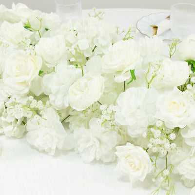 Pre-Arranged Silk Flower Table Runner 40’’x16’’ â€“ White Roses Hydrangeas & Baby’s Breath for Wedding Table & Arch