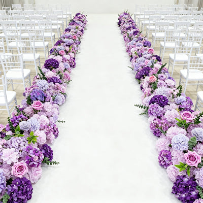 Pre-Arranged Silk Flower Table Runner 40’’x16’’ Mixed Lavender Lilac â€“ Roses Hydrangeas Chrysanthemums & Peonies