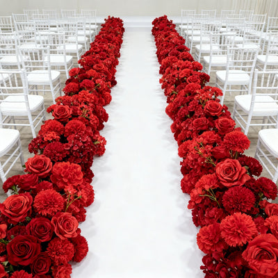 Pre-Arranged Silk Flower Table Runner 40’’x16’’ Mixed Red â€“ Roses Hydrangeas Chrysanthemums & Peonies for Wedding
