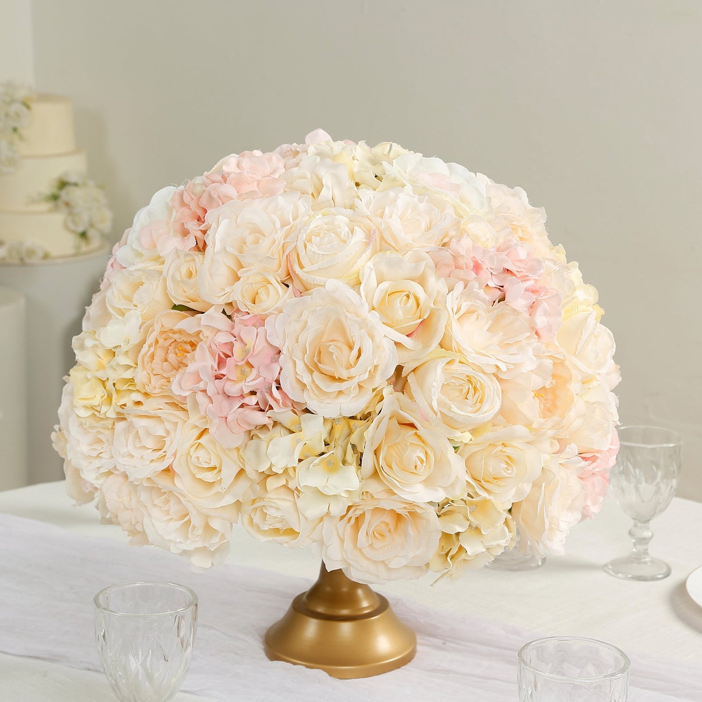 Pre-Arranged Silk Rose Wedding Centerpiece Cream Artificial Rose Flower Balls Arrangement Table Decor - 20’’ - Silk