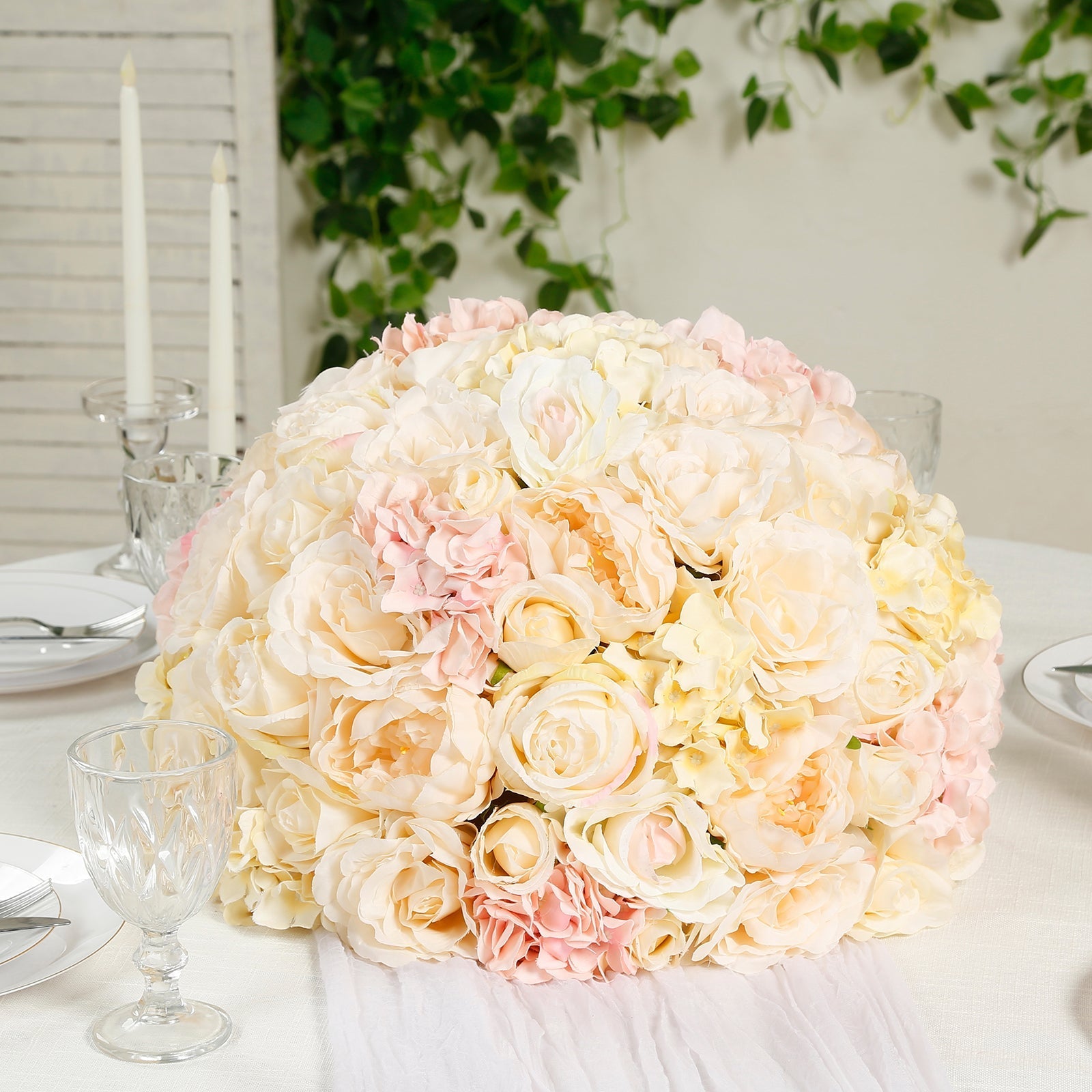 Pre-Arranged Silk Rose Wedding Centerpiece Cream Artificial Rose Flower Balls Arrangement Table Decor - 20’’ - Silk