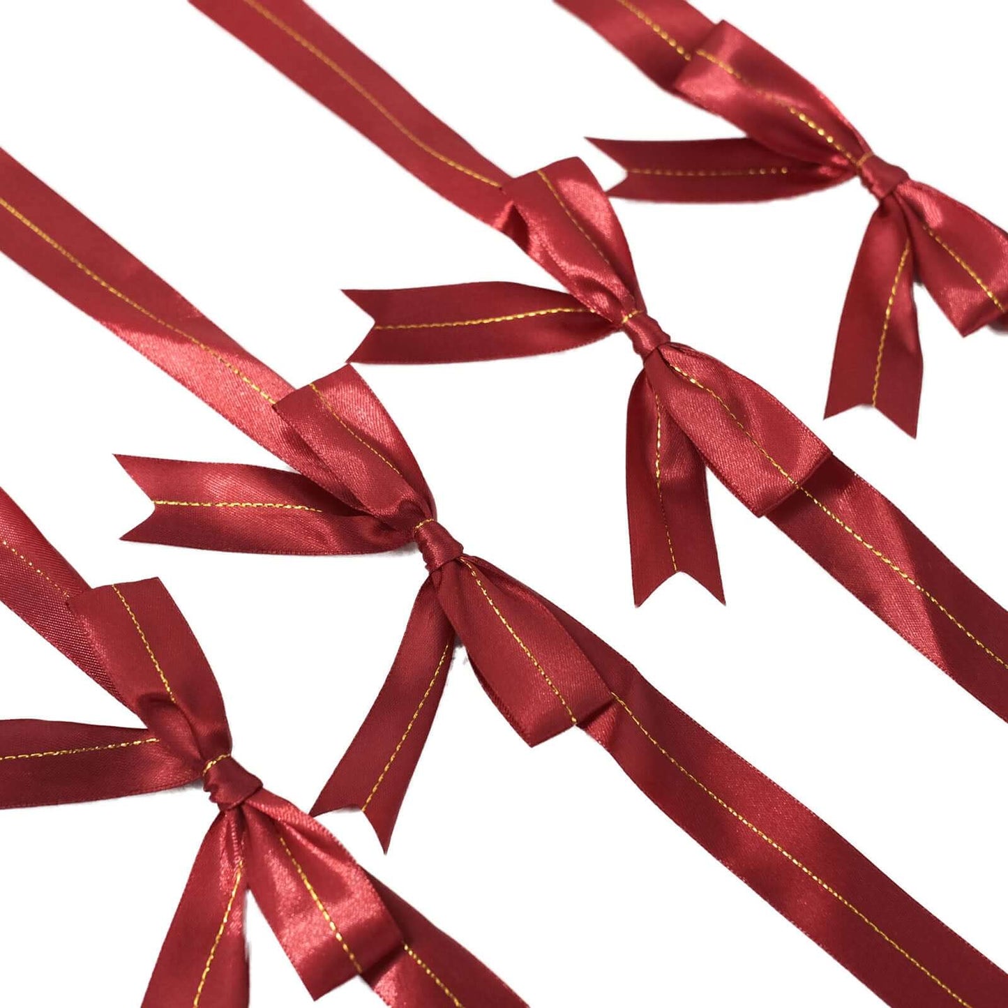 50 Pack Burgundy 10" Pre Tied Satin Ribbon Bows With Gold Foil Lining For Gift Basket and Party Favors Decor