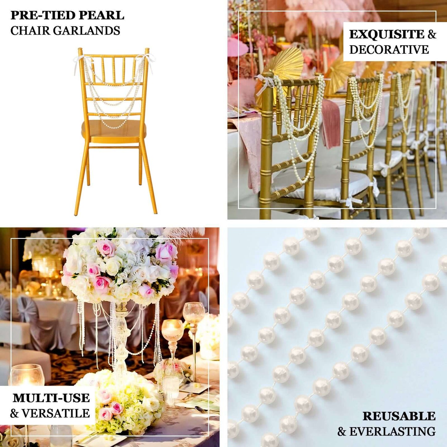 Faux Pearl Beaded 16" Chair Back Garland Sash Iridescent Gatsby-Inspired Style - Pre-Tied Chic Wedding Decor for Chiavari Chairs