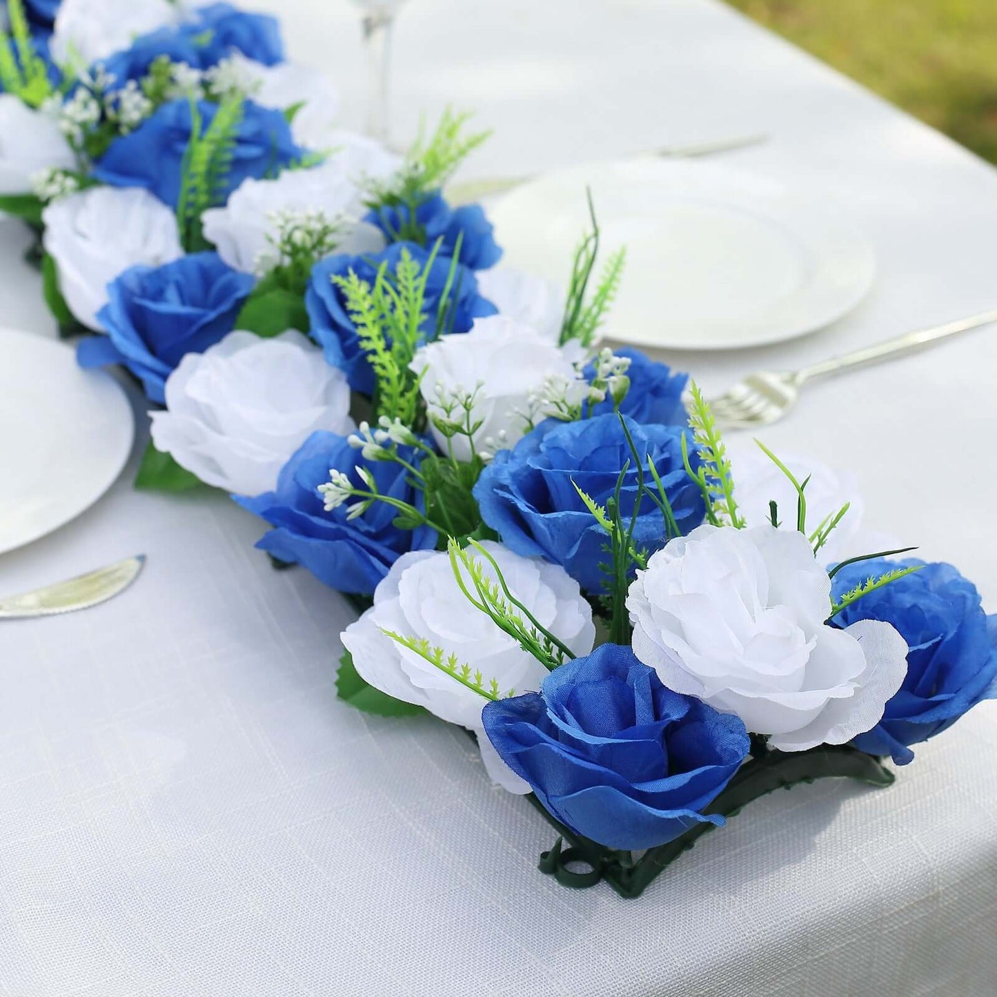 6 Pack White Royal Blue Silk Rose Flower Panel Table Runner, Artificial Floral Arrangements Wedding Table Centerpiece - 20"x8"