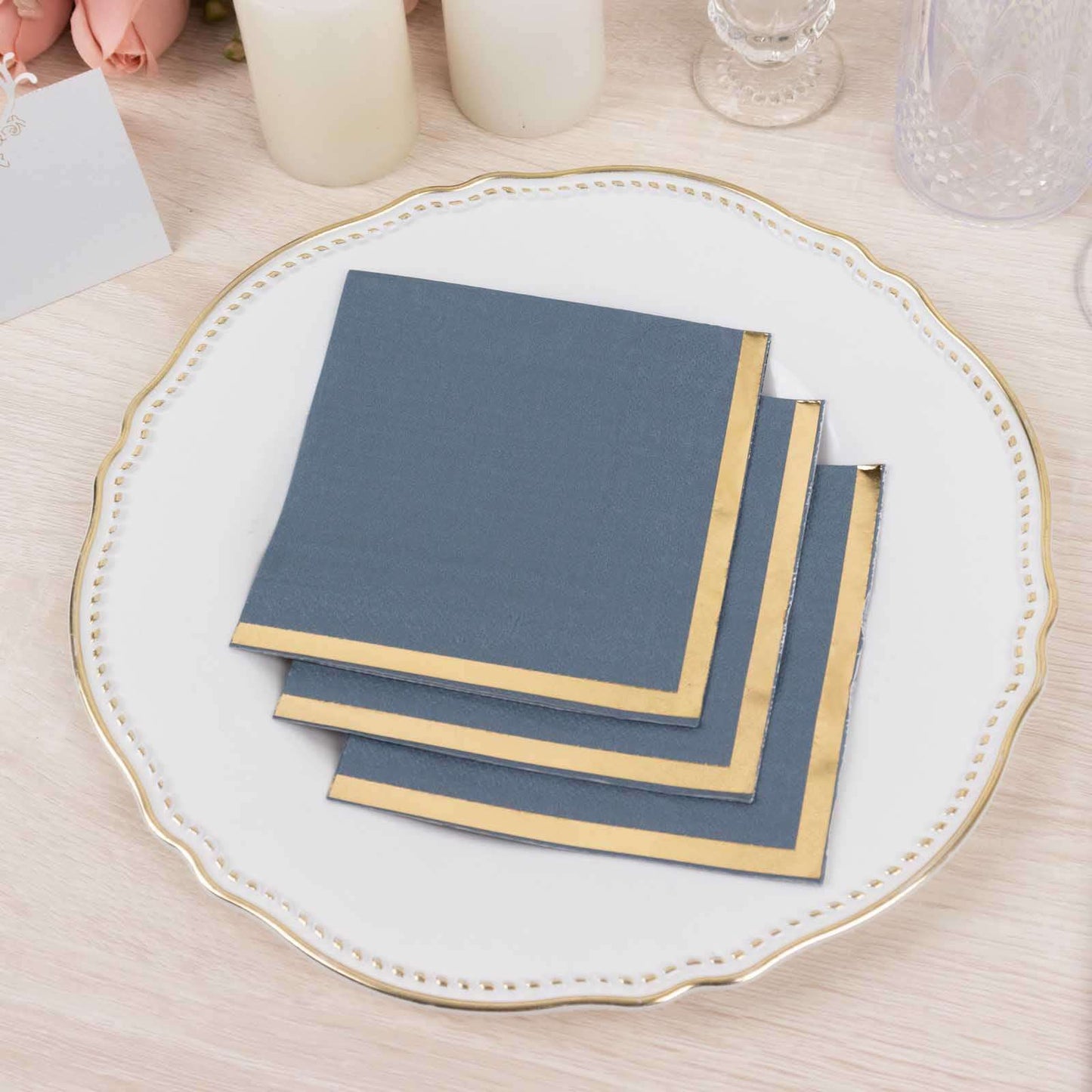 50-Pack Paper Beverage Napkins Dusty Blue with Gold Foil Edge - 2 Ply Disposable Soft 18GSM Cocktail Napkins 5"x5"
