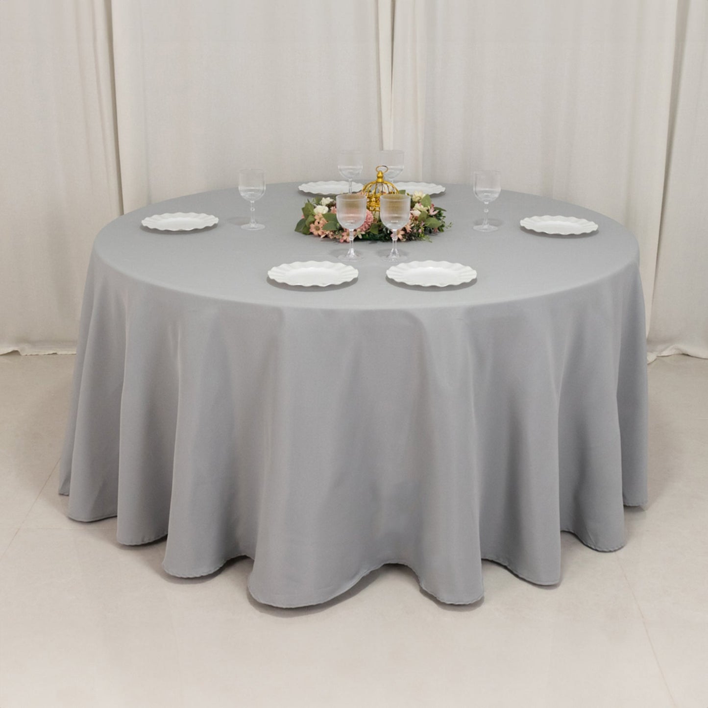 Premium Polyester 120" Round Tablecloth Silver - Seamless 220GSM Wrinkle-Resistant Table Cover