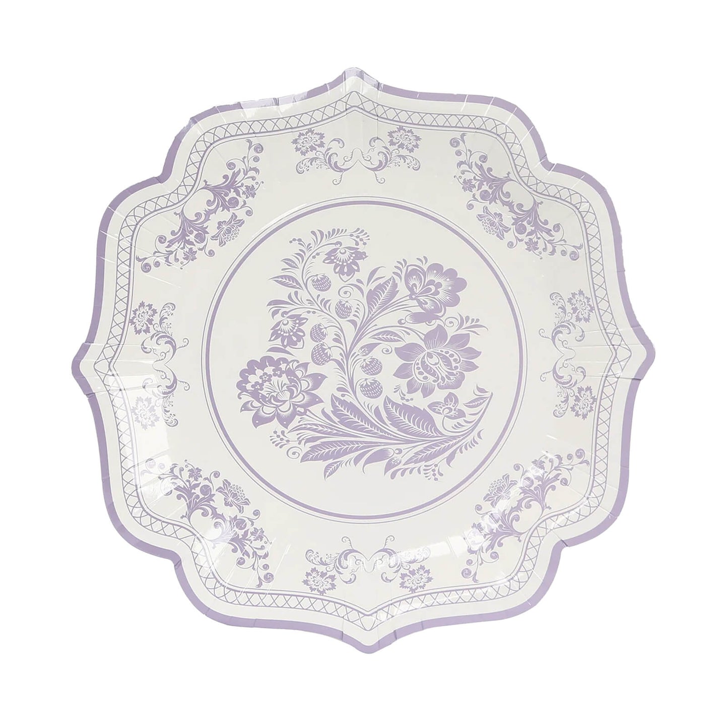 25-Pack Paper Dessert Plates in White with Lavender Lilac Damask Floral Print & Scallop Rim - Stylish Disposable 300GSM Floral Salad Appetizer Plates 8"