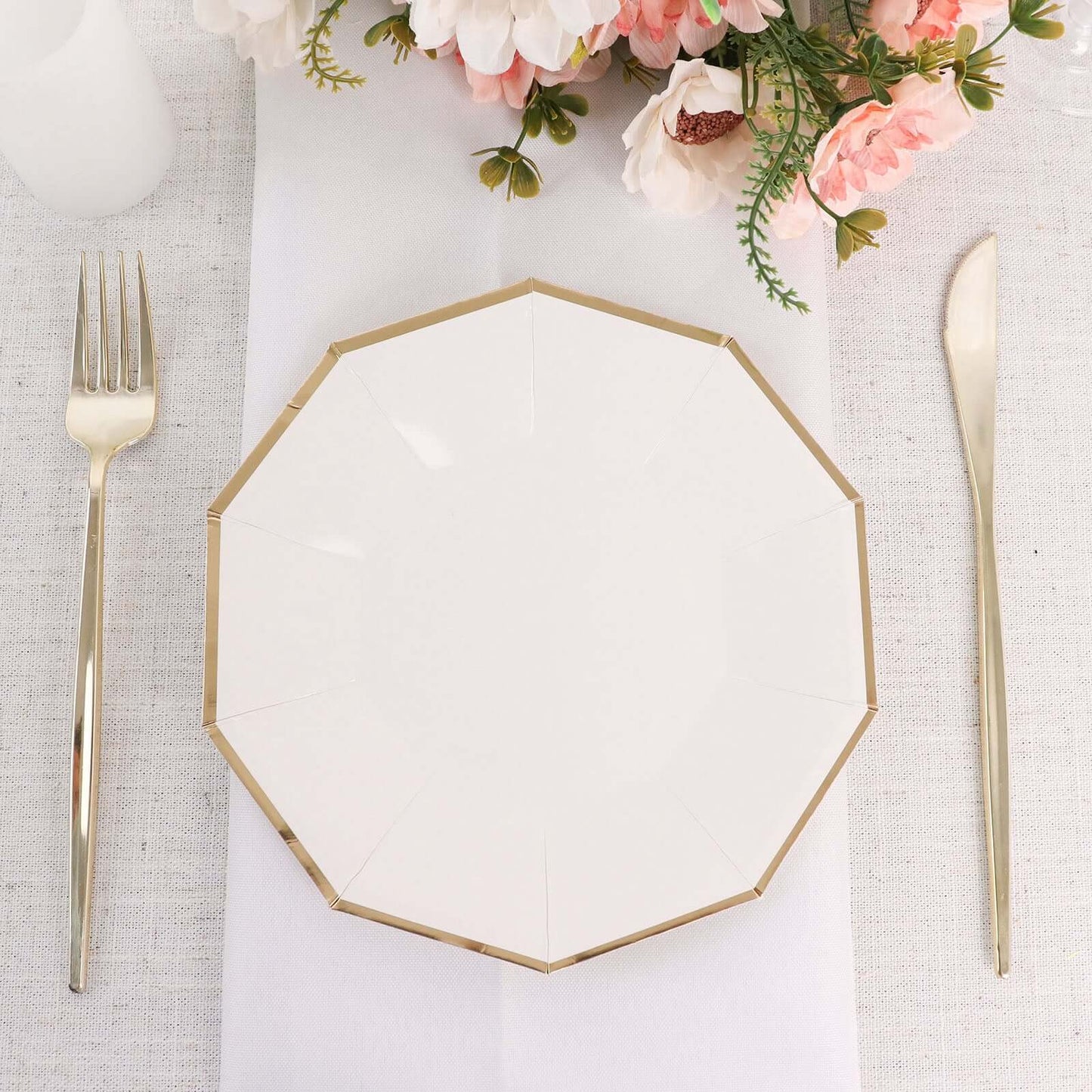 25-Pack Paper 7" Decagon Appetizer Plates in White with Gold Foil Rim - Stylish Geometric Dessert/Salad Plates for Cocktail Parties & Receptions