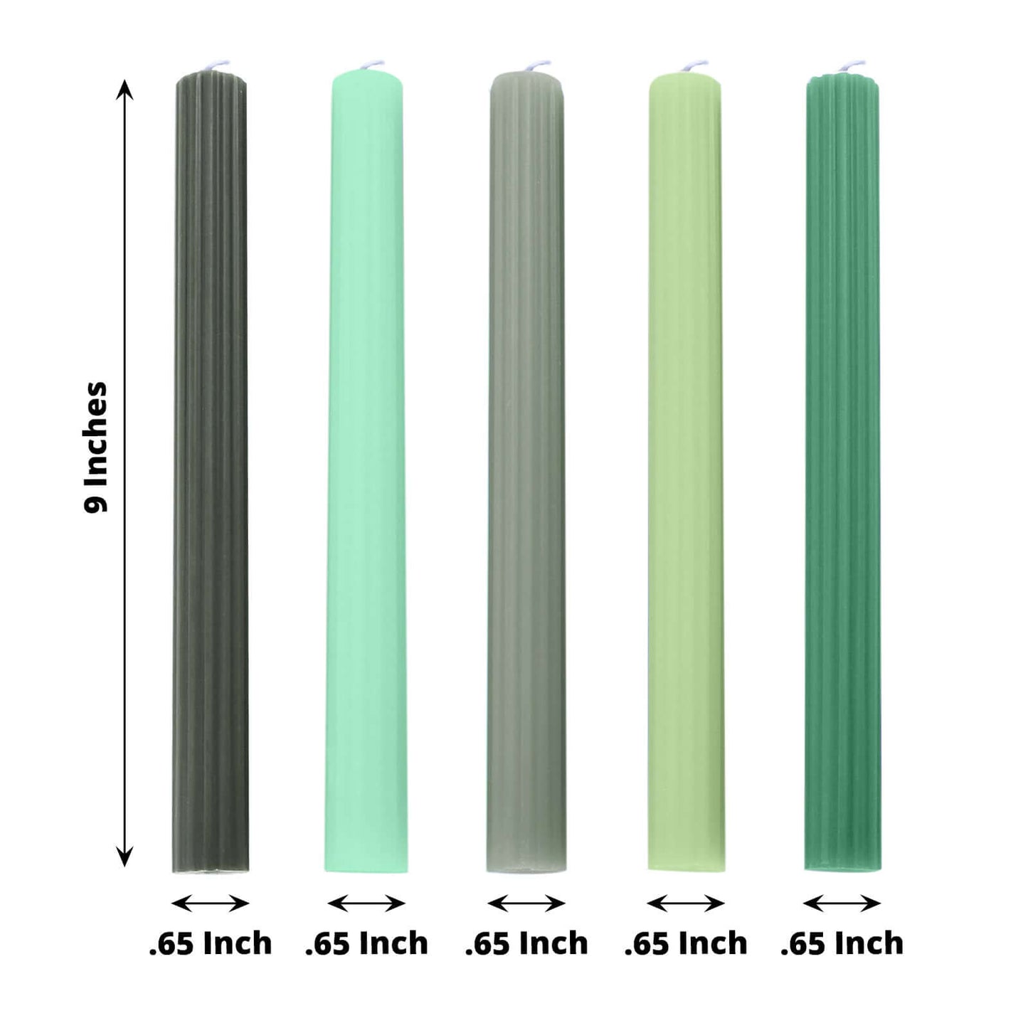 5-Pack Taper Candles Ribbed Wick Ribbon Wax Design Assorted Green - Premium Unscented Dinner Candles 9"