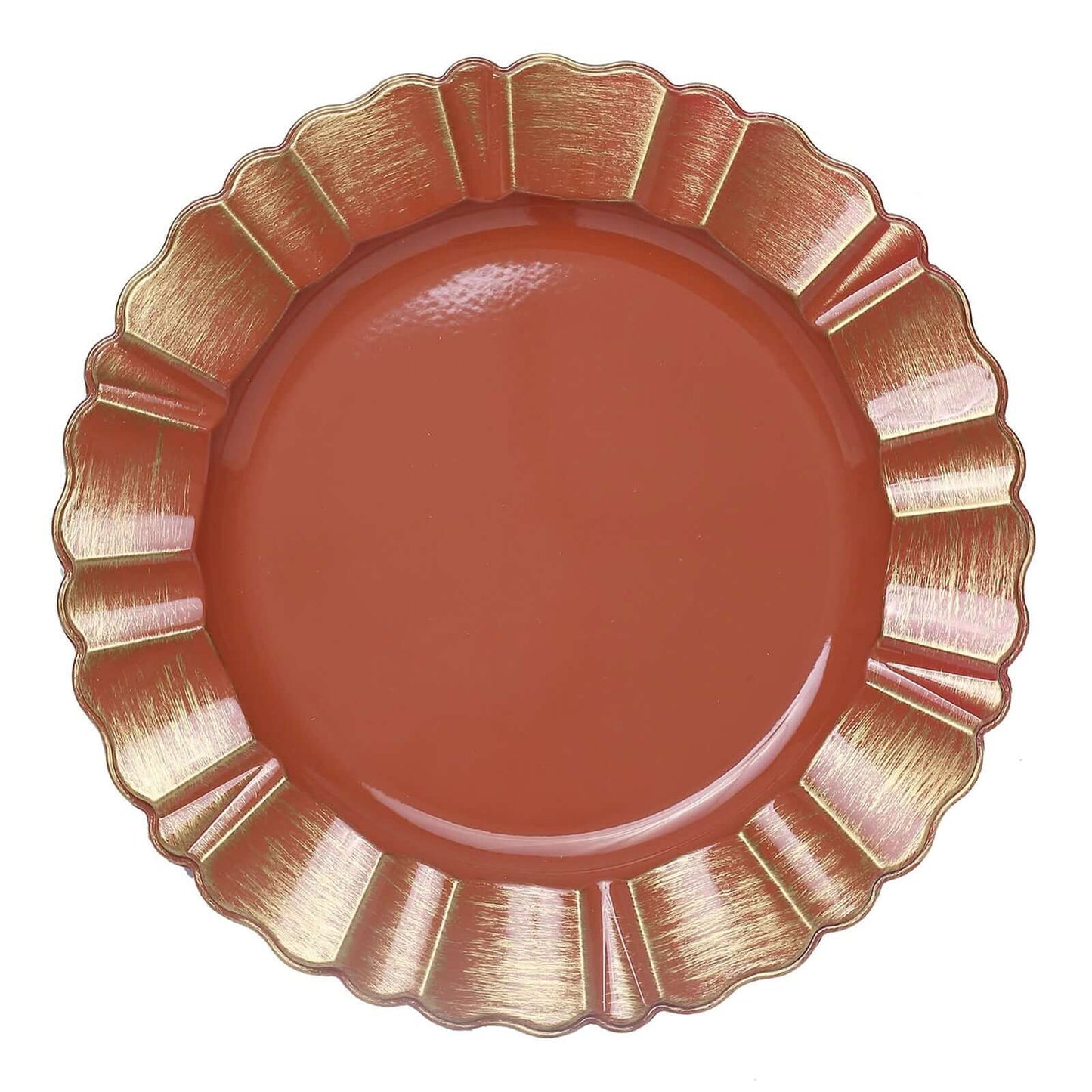 6-Pack Acrylic Plastic Round Charger Plates 13" in Terracotta (Rust) with Gold Brushed Wavy Scalloped Rim, Decorative Dinner Party Charger Tableware