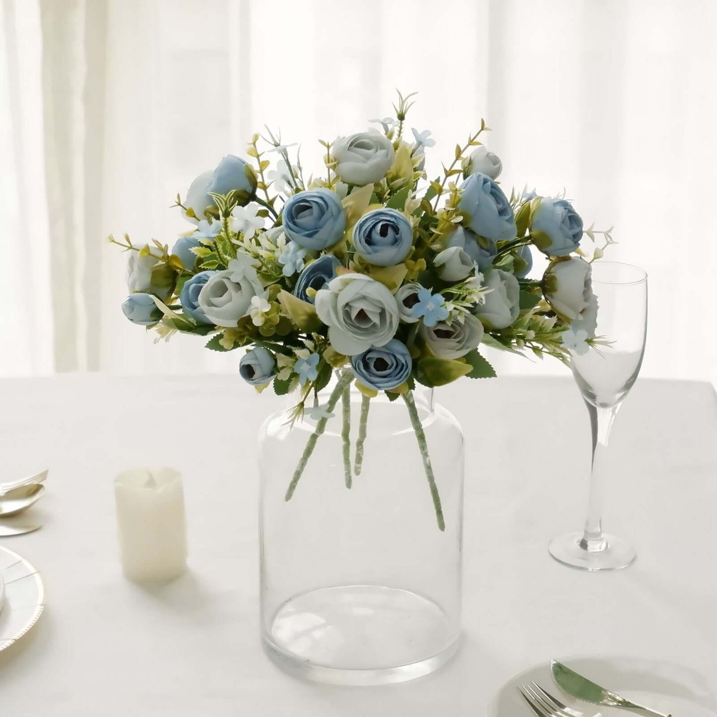 4 Pack 12" Artificial Dusty Blue Ranunculus Silk Flower Bridal Bouquets, Faux Buttercup Floral Arrangement