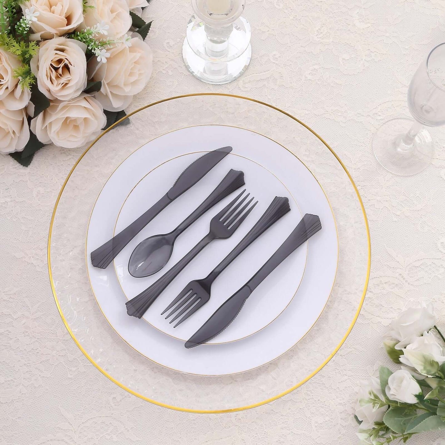 24-Pack Plastic Silverware Set with Fan Flared Tip Handle Transparent Black - Heavy Duty Disposable Utensils 7"