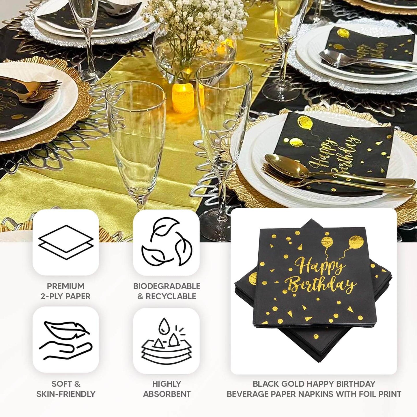 20-Pack Paper Beverage Napkins with Happy Birthday Foil Print Black/Gold - 2 Ply Disposable 18GSM Soft Party Napkins 6.5"x6.5"