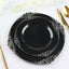 10-Pack Plastic 10" Round Dinner Plates in Black with Silver Leaf Embossed Rim - Disposable Vintage Baroque Style Plates