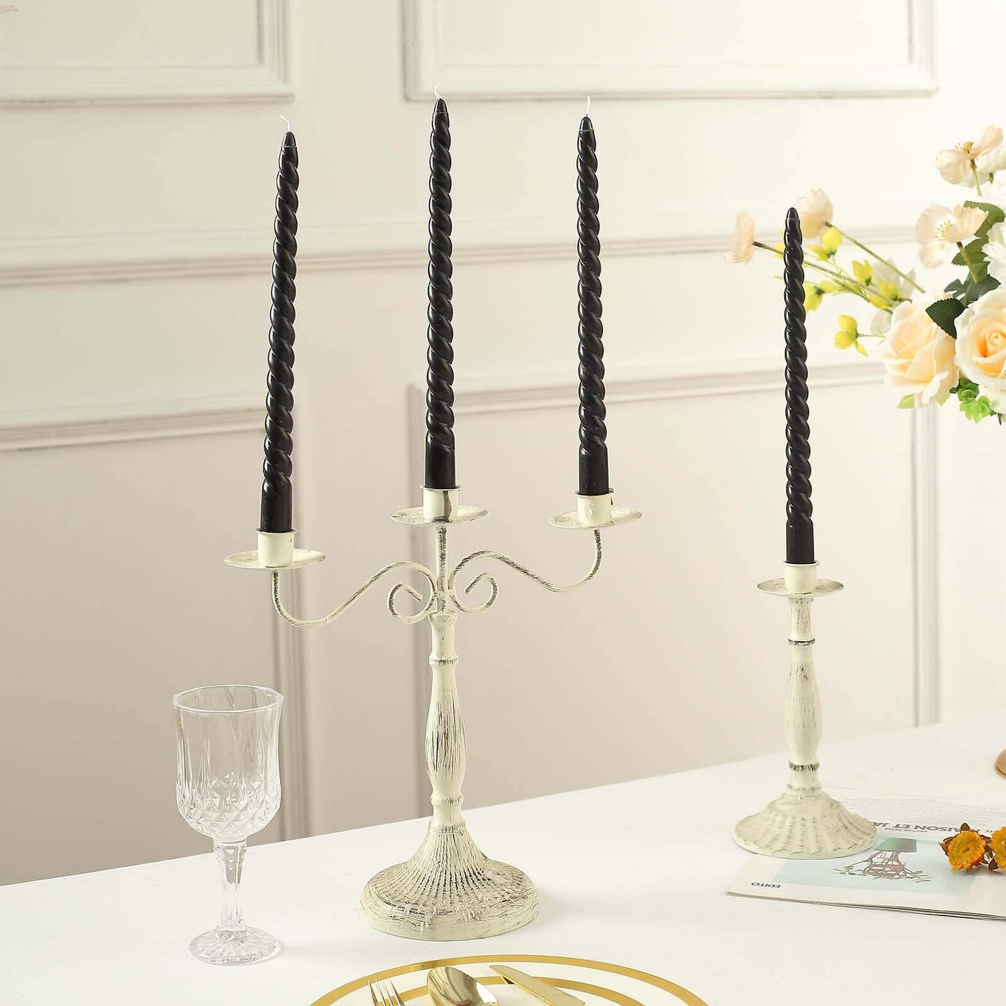 12-Pack Taper Candles Spiral Long Burn Wick Design Black - Premium Unscented Wax Dinner Candle Sticks 11"