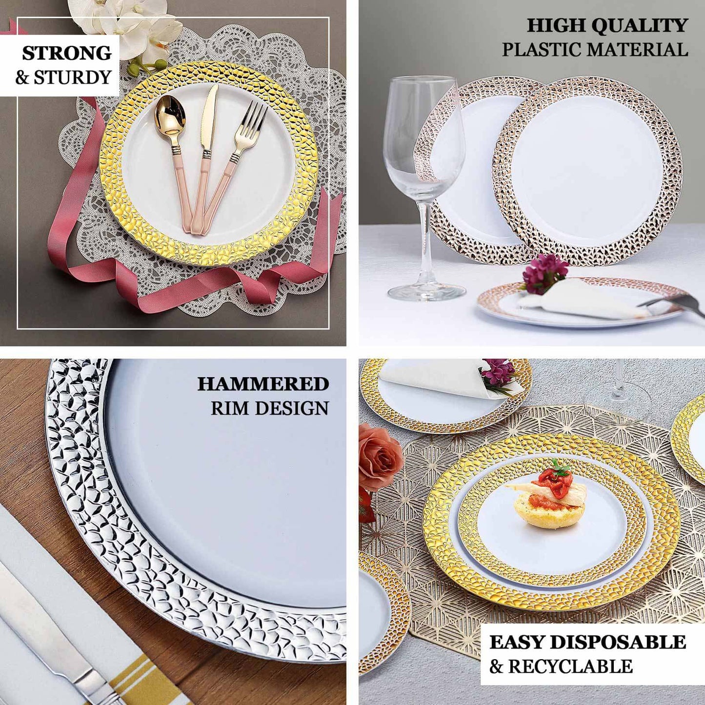 10-Pack Plastic 7.5" Round Appetizer Plates in Blush Hammered Design with Gold Rim - Disposable Salad Plates for Chic Banquets & Special Occasions