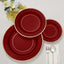25-Pack Paper 8" Round Dessert Plates in Burgundy Sunray Design with Gold Rim - Disposable Heavy Duty 350GSM Appetizer Salad Plates