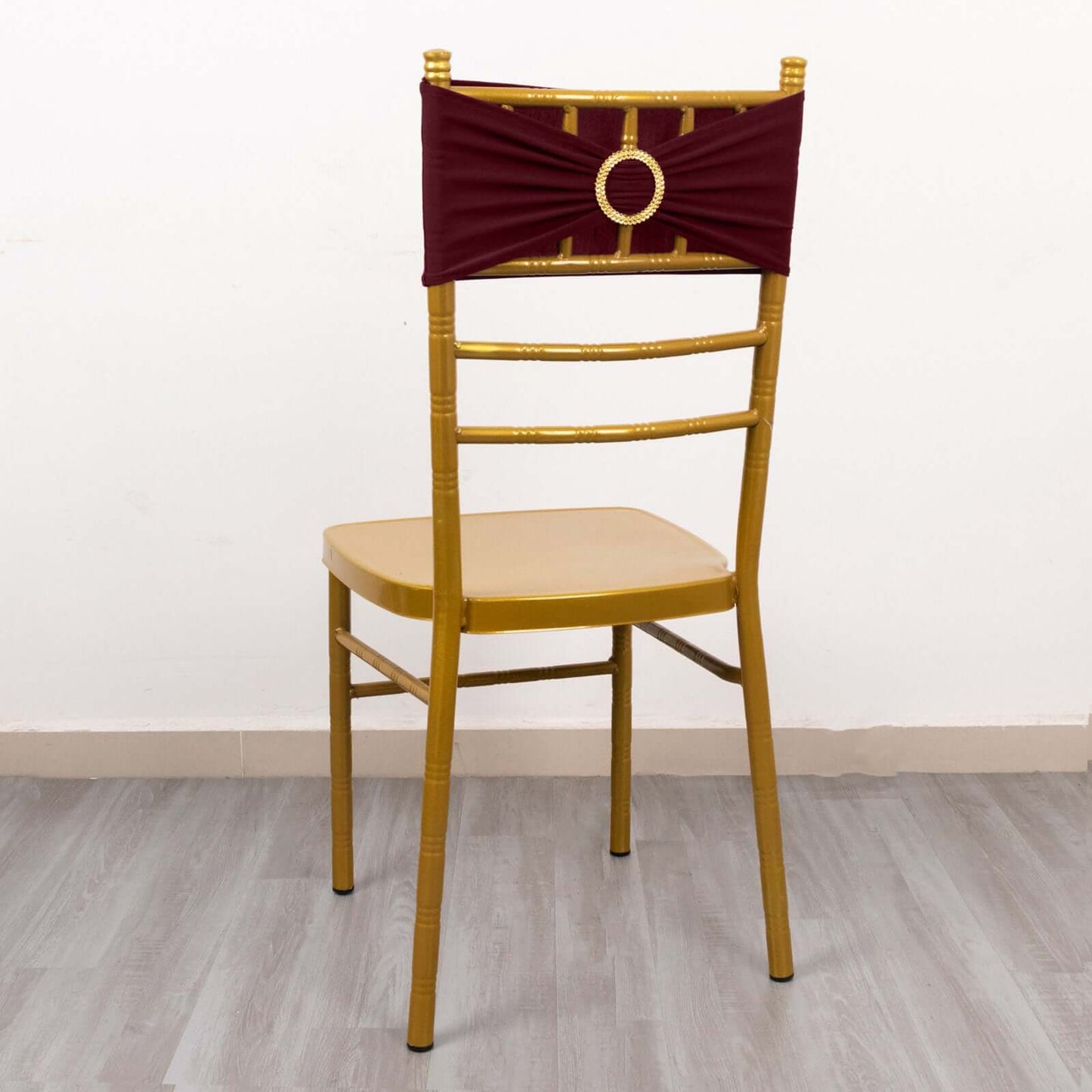 5 Pack Spandex Chair Sashes Burgundy with Gold Rhinestone Buckles - Reusable Four-Way Stretch Sash Bands 5"x14"