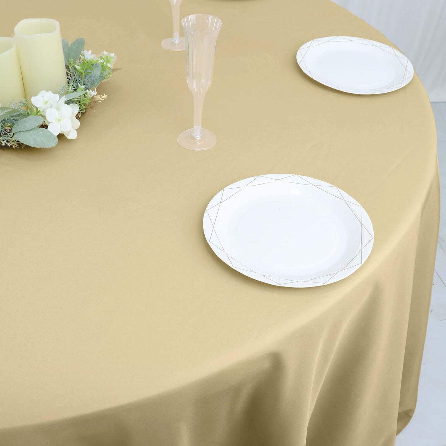 Polyester 132" Round Tablecloth Champagne - Seamless Chic Table Cover