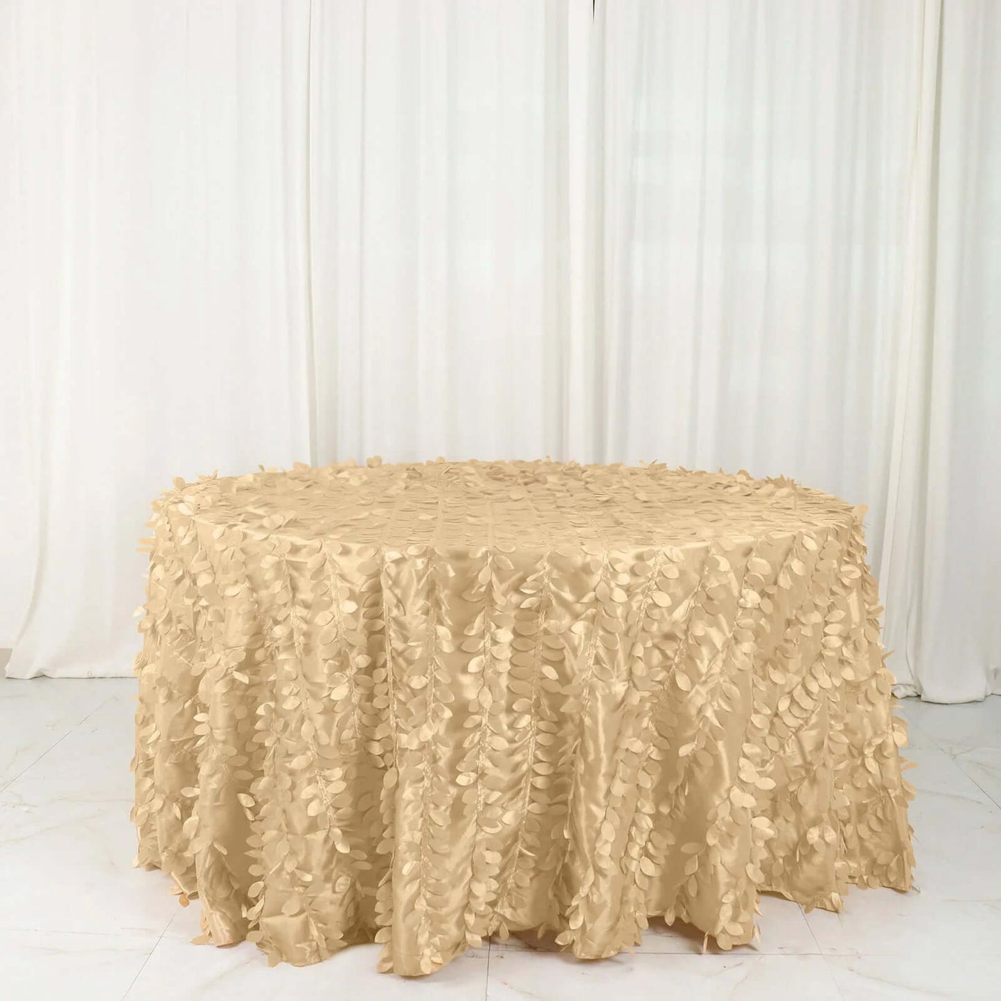 Taffeta 132" Round Tablecloth Champagne | 3D Leaf Petal Design Seamless Table Cover