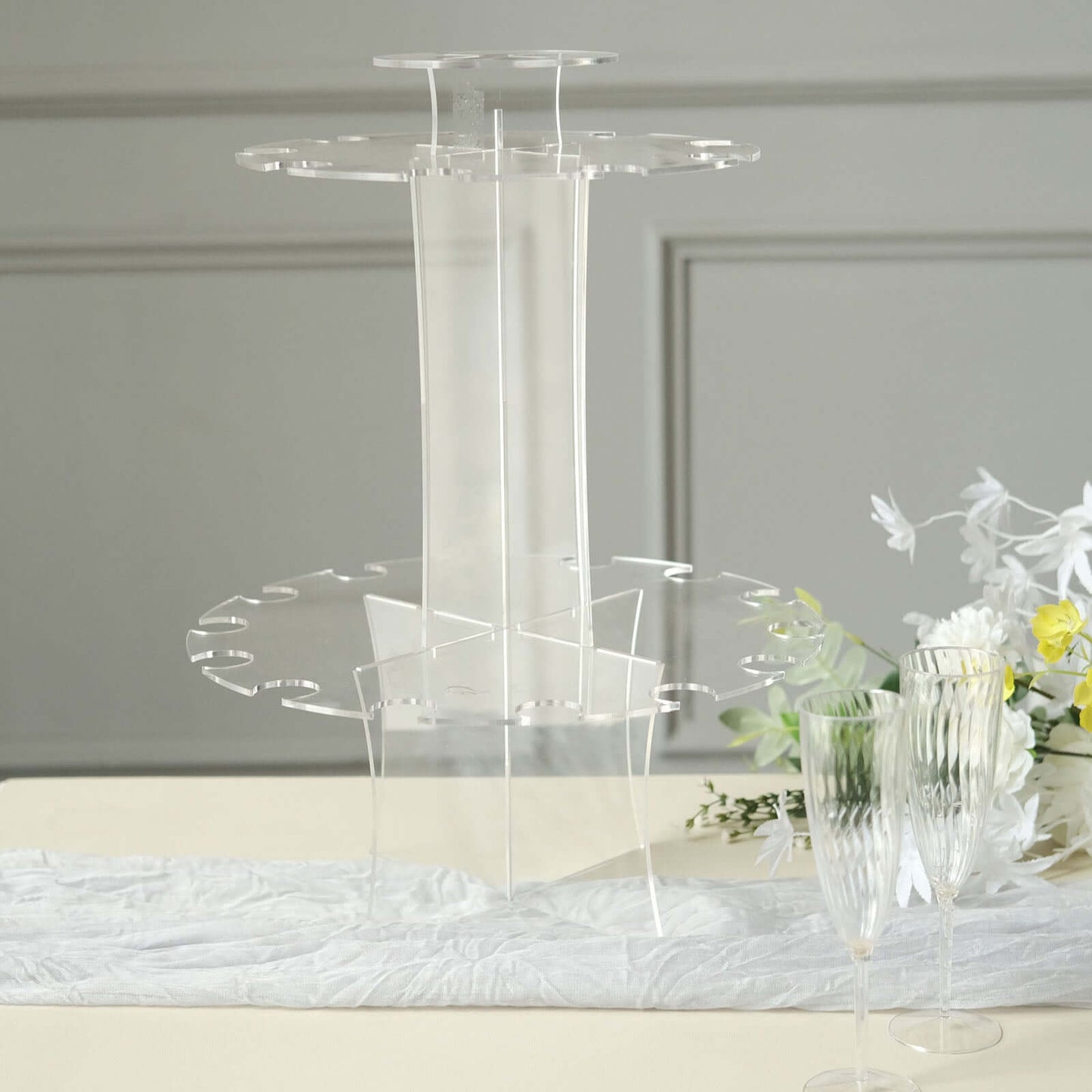 3-Tier Round Champagne Glass Holder Tower Clear Acrylic + 1 Bottle for Professional & Home Use 21"