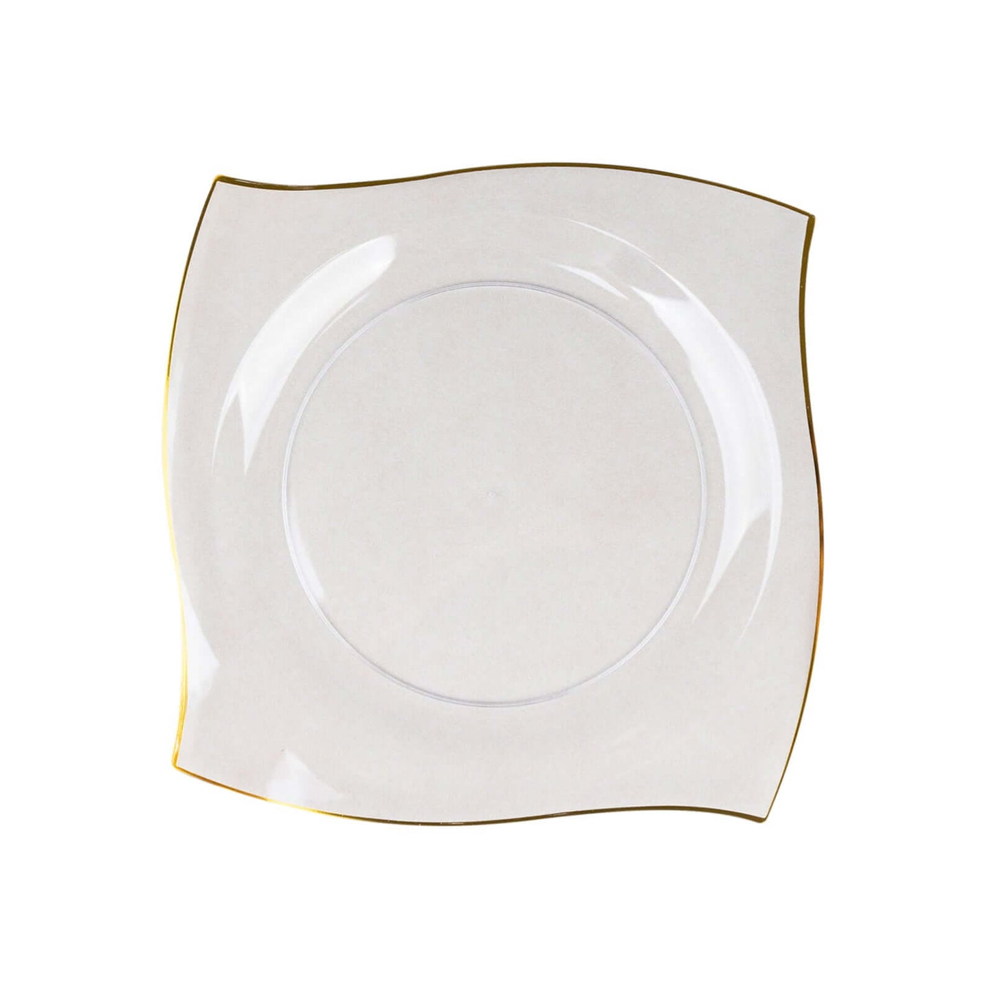 10-Pack Plastic 10" Square Dinner Plates in Clear with Gold Wavy Rim Modern - Disposable Party Plates