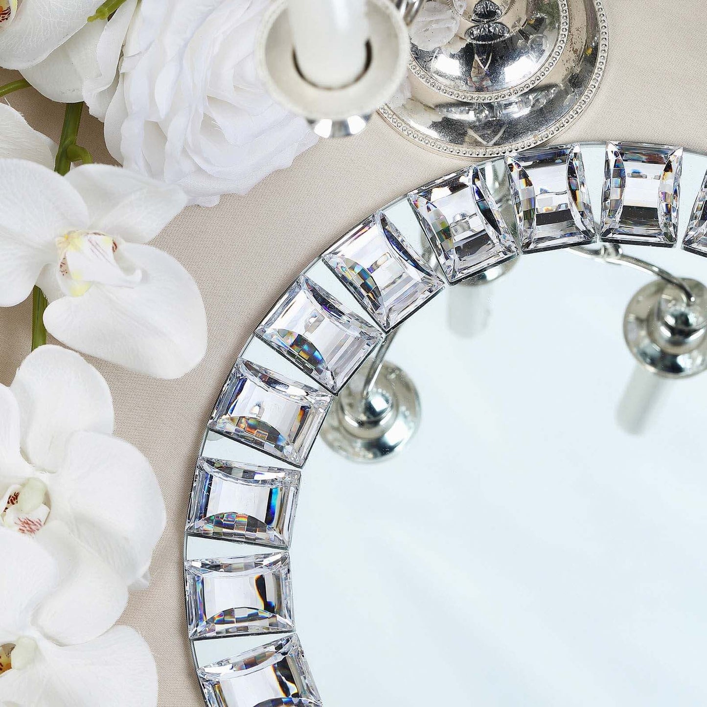 2-Pack Glass Mirror Round Charger Plates 13" in Silver with Jeweled Rim - Premium Decorative Dinner Party Charger Tableware