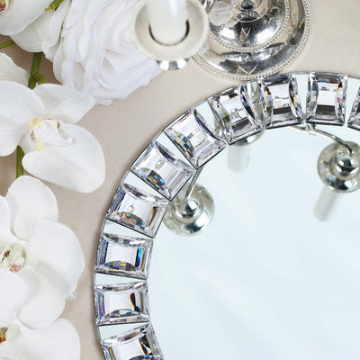 2-Pack Glass Mirror Round Charger Plates 13" in Silver with Jeweled Rim - Premium Decorative Dinner Party Charger Tableware