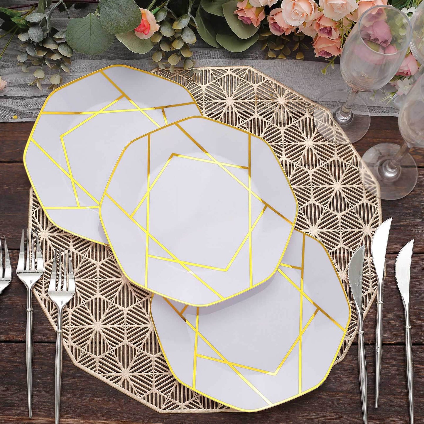 10-Pack Plastic 8" Octagon Dessert Plates in White - Modern Disposable Salad/Appetizer Plates with Gold Geometric Design for Special Occasions & Celebrations