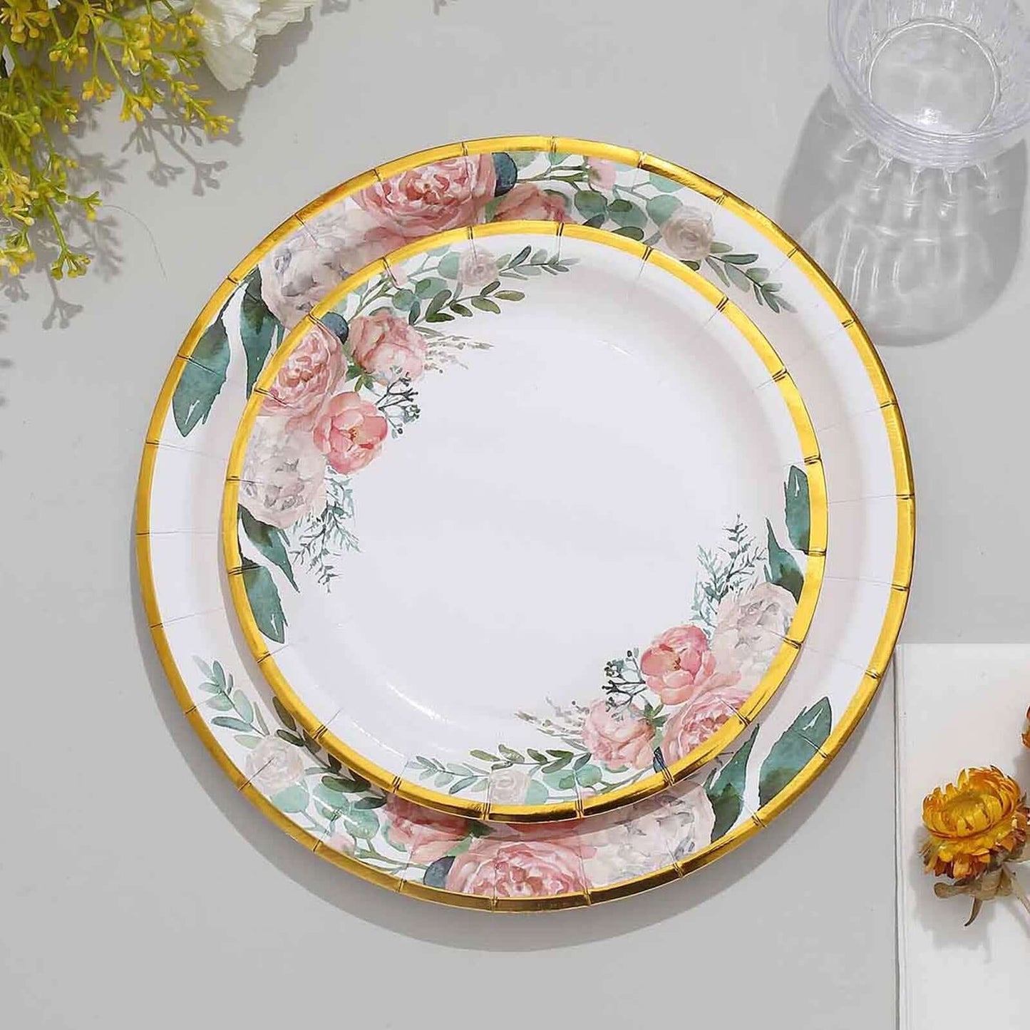 25-Pack Paper 7" Round Dessert Plates in White with Peony Floral Design & Gold Rim - Disposable Floral Salad Appetizer Plates for Brunches & Afternoon Teas