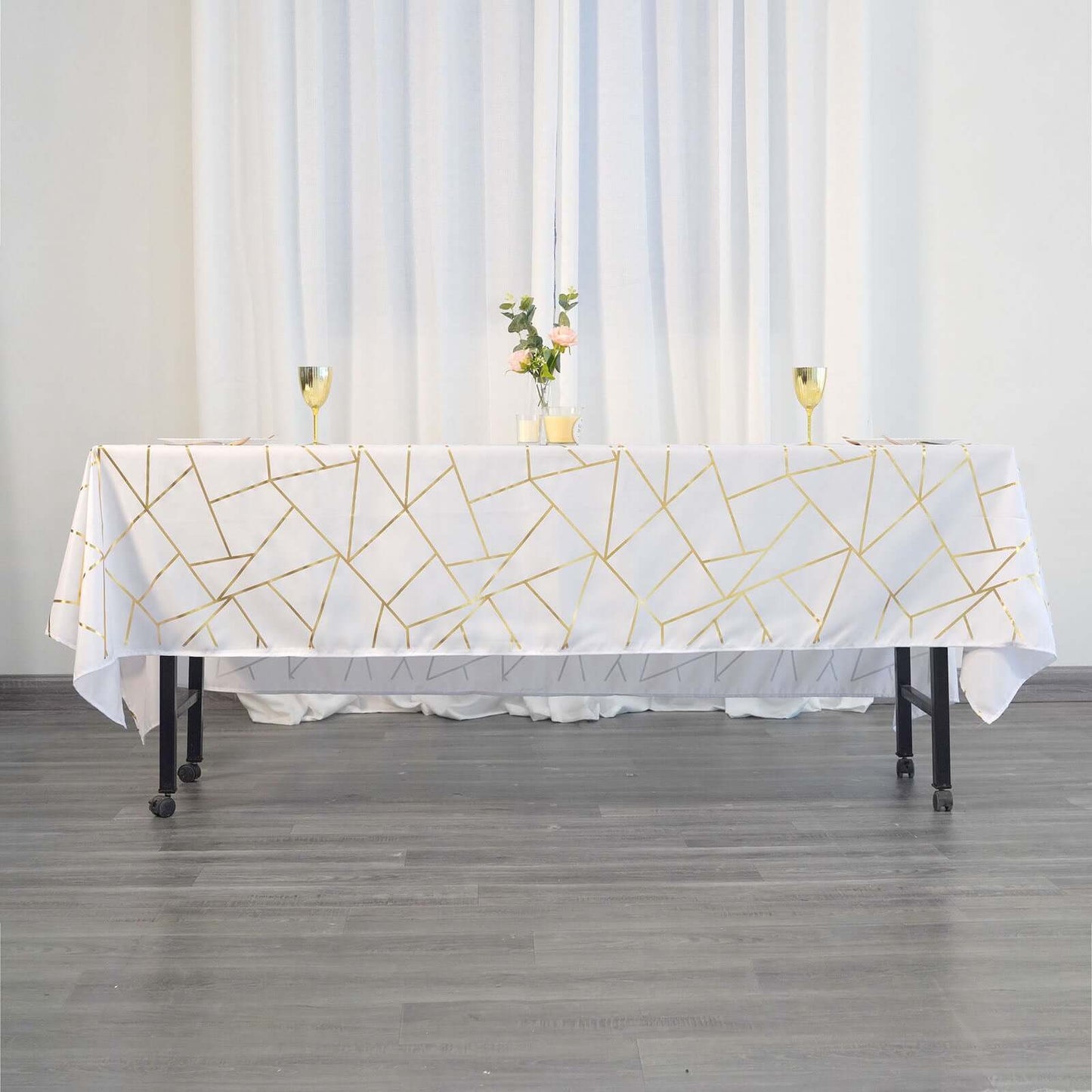 Polyester 60"x102" Rectangle Tablecloth White with Gold Foil Geometric Pattern - Wrinkle-Resistant and Durable Table Cover for Weddings & Events