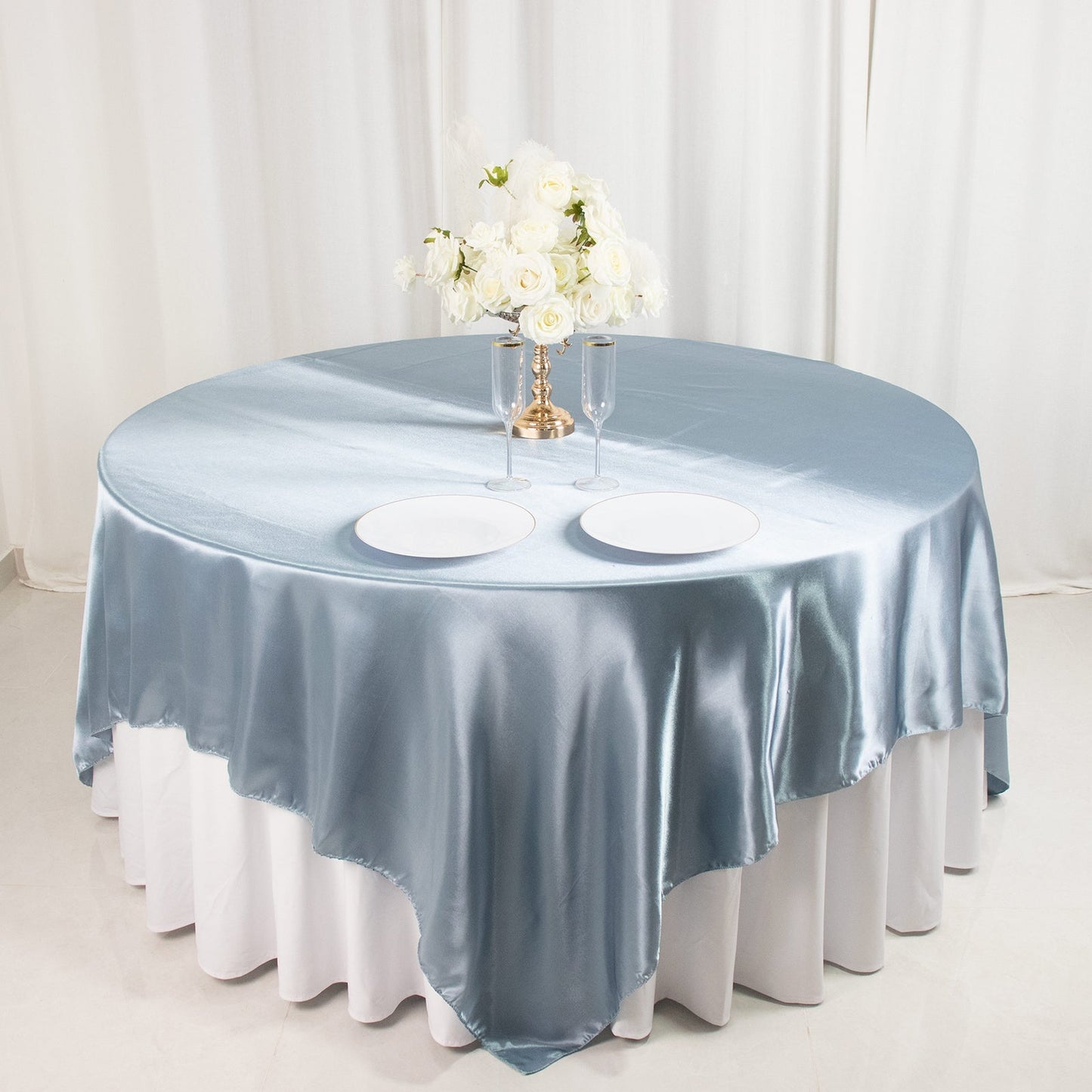 Satin 90"x90" Table Overlay Square Tablecloth Dusty Blue - Smooth Finish Table Topper