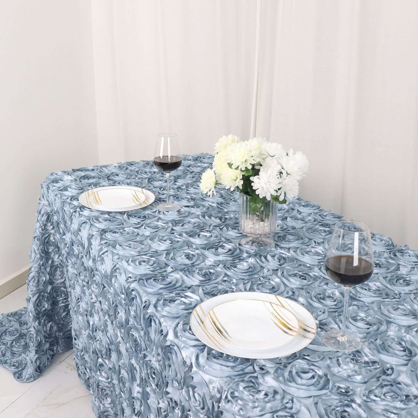 Satin 90"x132" Rectangle Tablecloth Dusty Blue - Grandiose 3D Rosette Seamless Table Cover