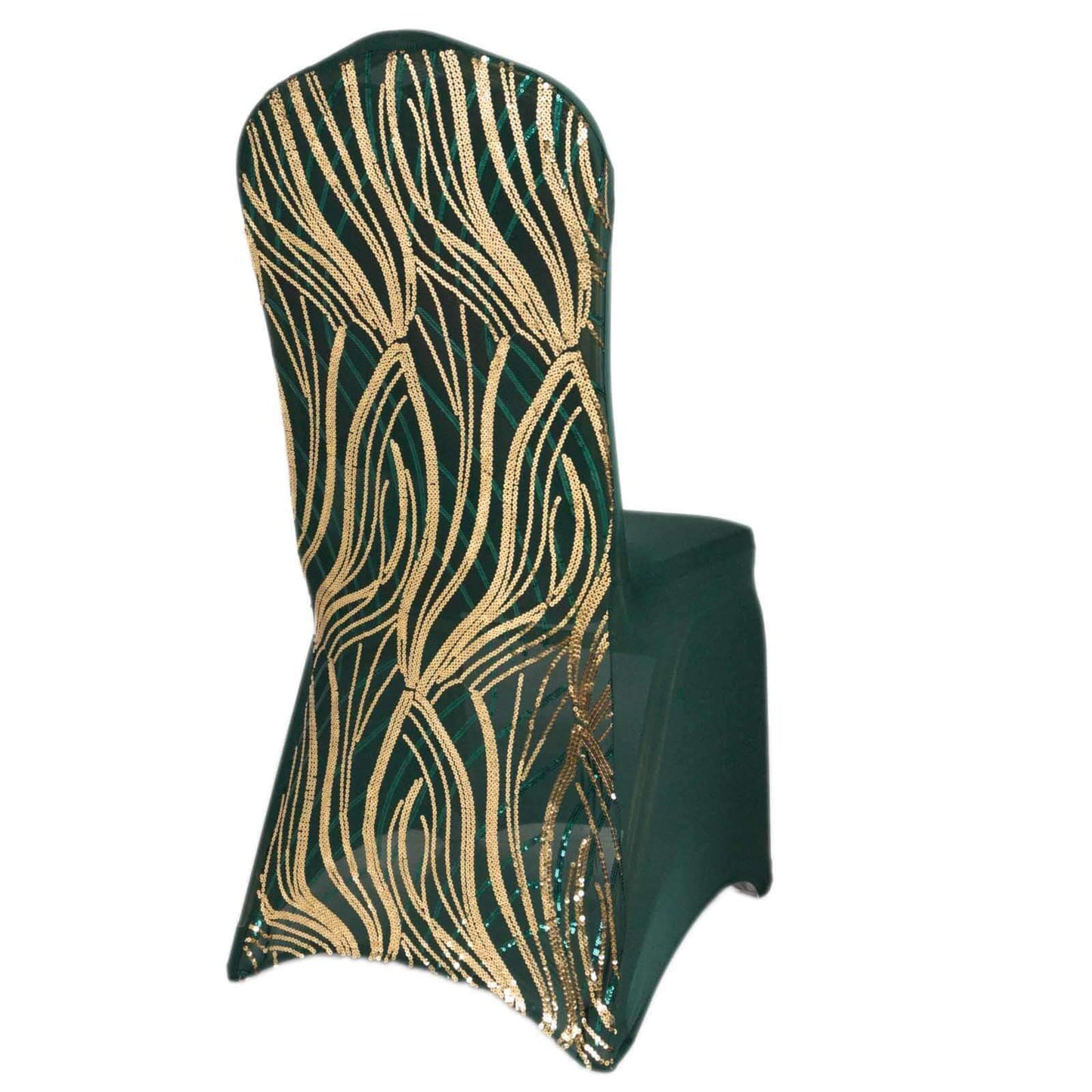 Spandex Chair Cover with Wave Embroidered Sequins for Banquet Chairs Hunter Emerald Green/Gold - Glittering Stretch Fitted Slipcover
