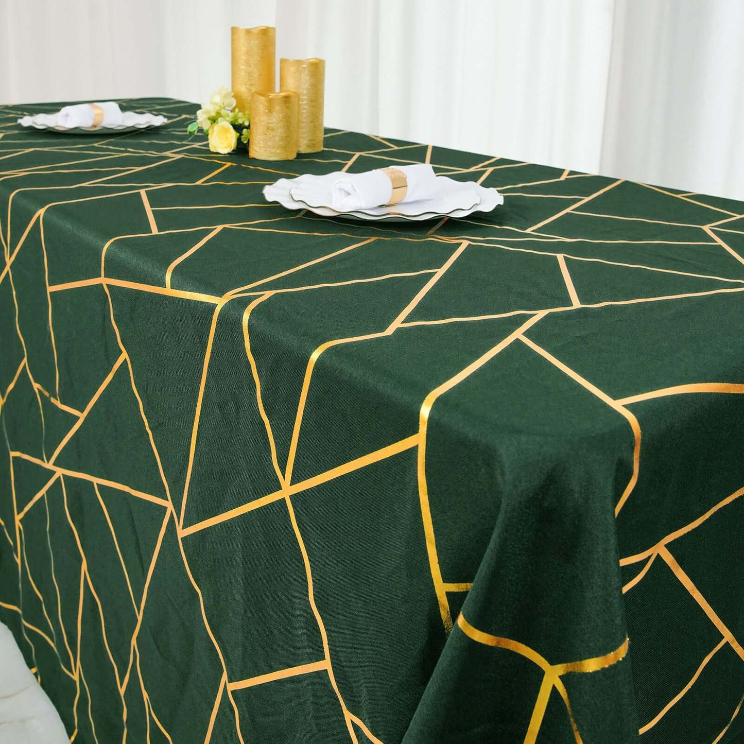 Polyester 90"x156" Rectangle Tablecloth Hunter Emerald Green Seamless with Gold Foil Geometric Pattern - Wrinkle-Resistant Seamless Table Cover for Sophisticated Events